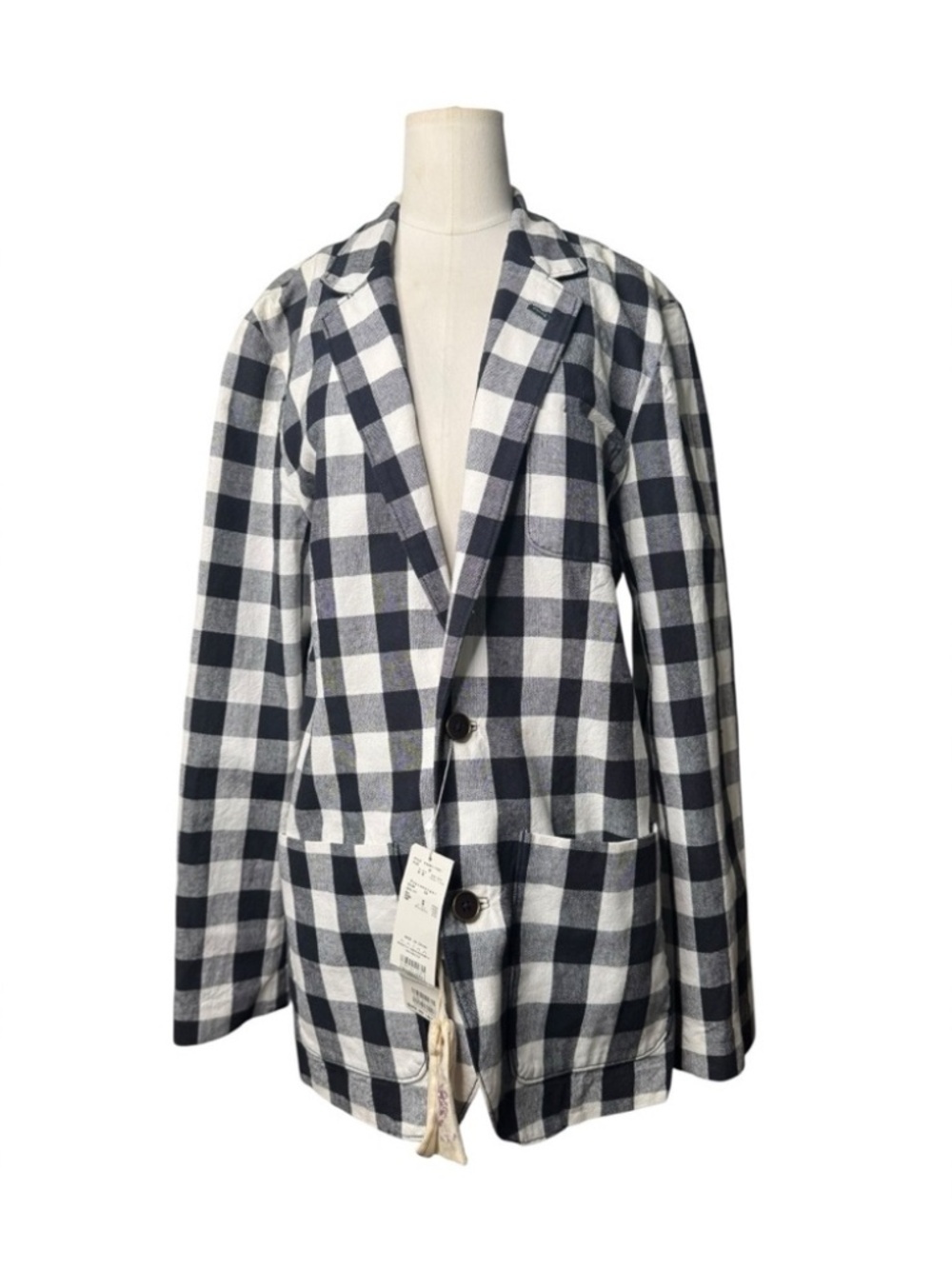 Trovata 100% Cotton Gingham Blazer Size 40 | Blue White Check Jacket - Picture 3 of 8